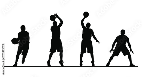 Dynamic basketball players silhouettes capturing the game action from dribbling to shooting vector