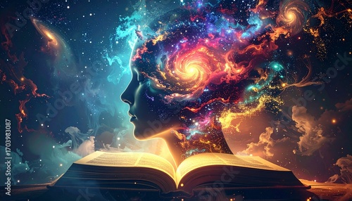 Abstract Silhouette of a Head Forming Cosmic Galaxies and Nebulae Over an Open Book