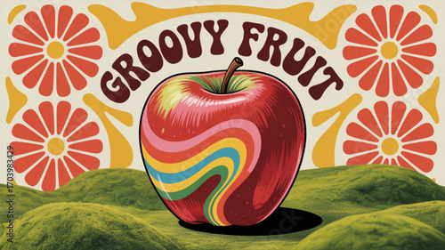Retro groovy apple fruit illustration with colorful stripes and floral background design vector art