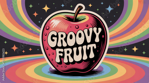 Groovy apple fruit illustration with rainbow background and retro style for graphic design projects