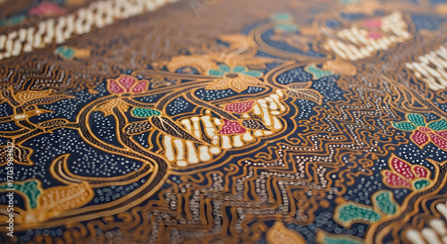 Photorealistic Close-Up of Vibrant Indonesian Batik Fabric with Rich Textures