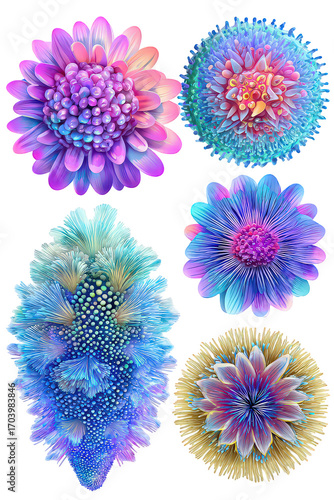 Vibrant Colorful Abstract Floral Forms on Transparent Background