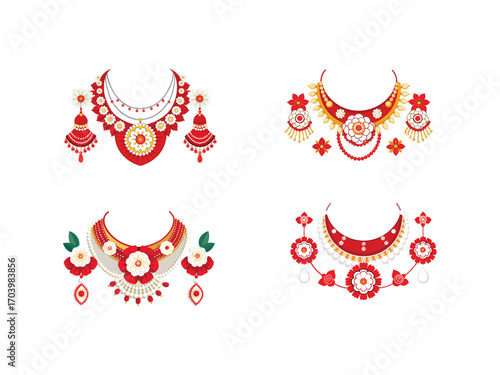Four ornate and colorful traditional indian necklaces with matching earrings displayed against a white background