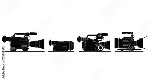 Collection of professional video cameras silhouette diverse film production equipment set vector
