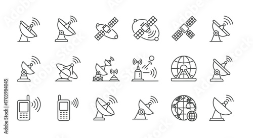 Communication technology icons dish satellite mobile phone network globe signal transmission vector