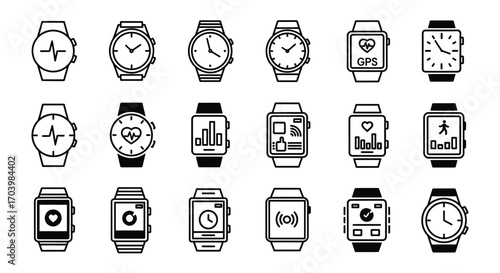 Diverse collection of hand-drawn smartwatch and analog watch icons for modern technology design vector