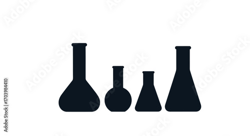 Four silhouette laboratory glassware flasks of varying sizes arranged together for science vector