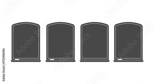 Four dark tombstones lined up serially with arch tops in outdoor cemetery scene vector