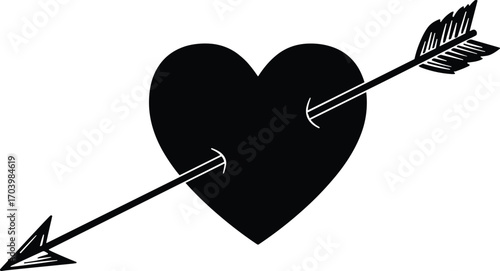 Minimalist black heart pierced by an arrow vector illustration symbolizing love, heartbreak, emotion, romance, valentine passion, and desire.
