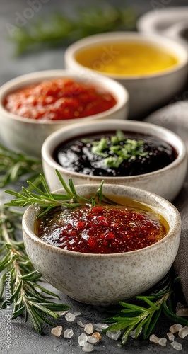 Four small bowls of sauces