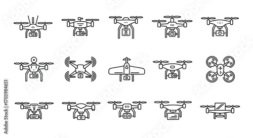 Collection of different drone designs top view aerial robotics quadcopter symbols technology innovations vector