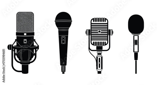 Four classic and modern microphones isolated on white studio broadcast audio recording equipment vector