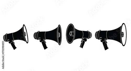 Four silhouette megaphones displayed in a row advertising communication and amplification vector