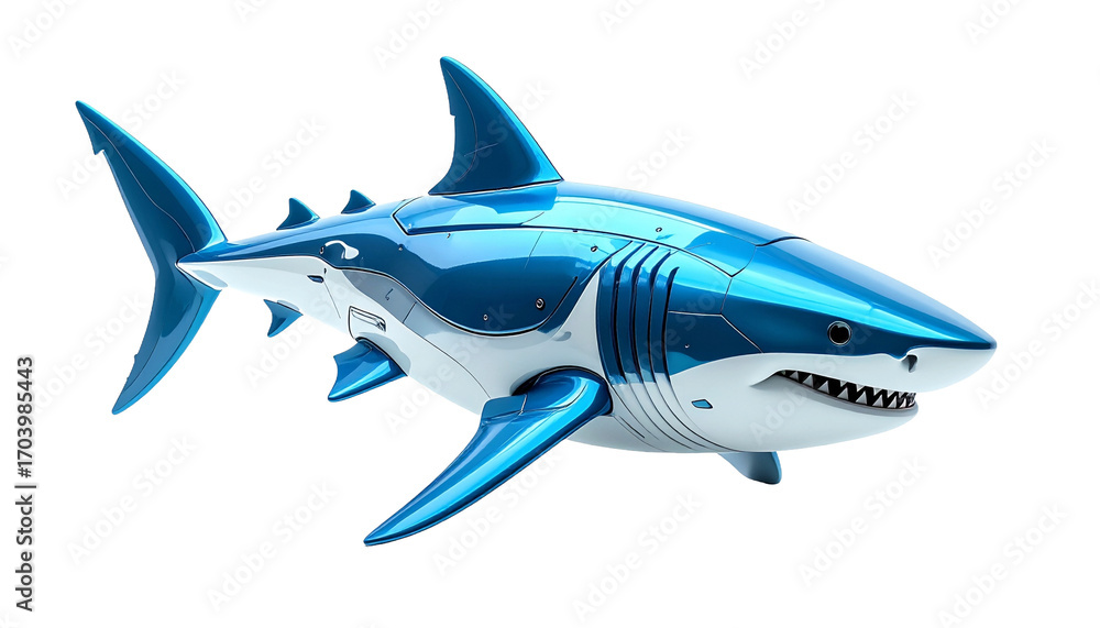 Fototapeta premium A unique and futuristic mechanical shark, showcasing a blend of technology and marine life. This design captures a sense of innovation and the future of underwater creatures
