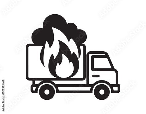 Icon of a Truck on Fire set on a Transparent Checkerboard Background. This vector illustration is 100% royalty-free and highlights the icon on a transparent checkerboard design.