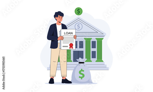 Man holding loan agreement with bank building and money bag depicting financial lending and banking services illustration