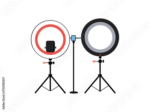 Two professional ring lights on tripods with a camera mounted on one for content creation