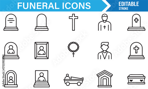 Vector icons of funeral elements – coffin, priest, tombstone, hearse, church, cross, and condolence pack