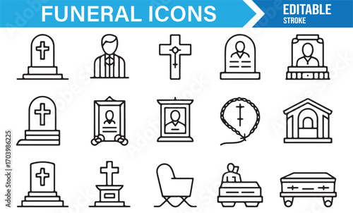 Outline funeral icons – vector set of burial, church, cross, memorial, and mourning illustrations