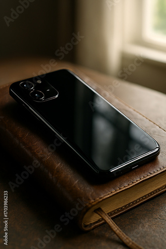 Modern Smartphone on Vintage Leather Journal in Natural Light