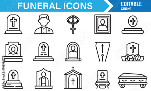 Vector mourning icons – funeral elements including coffin, tombstone, priest, hearse, and memorial photo