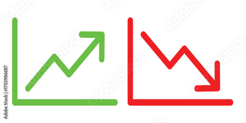 Illustration of rising green chart and falling red chart arrows, symbolizing financial growth, decline, and market trend analysis.
