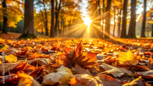 Stunning autumn leaves carpet a sunlit forest floor creating a warm, inviting seasonal scene