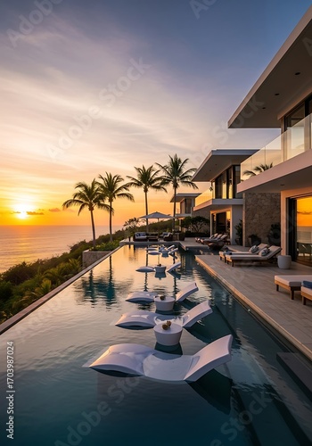 Luxury villa with infinity pool at sunset over the ocean horizon