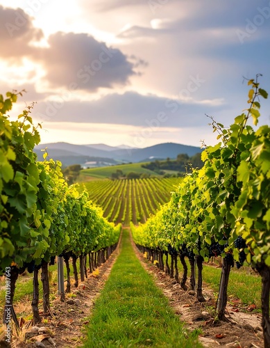 Lush vineyard rows stretch towards a sunset sky