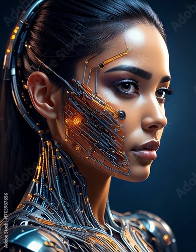 a futuristic cyborg, with her face being slightly robotic, covering half of her face
