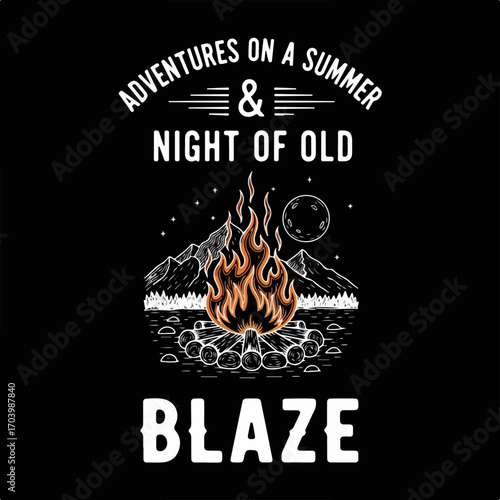 Retro illustration of a blazing bonfire under a starry summer night sky with mountains and moon, ideal for outdoor adventure themes.