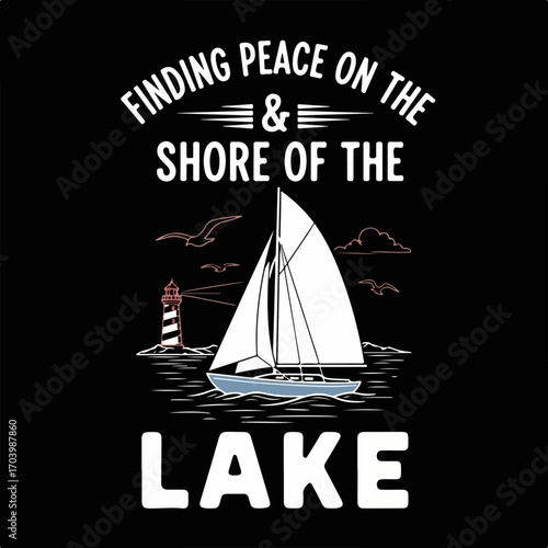Finding Peace on the Lake Shore: Sailboat, Lighthouse, and Seagulls Illustration on Black Background for Nautical and Relaxation Themes