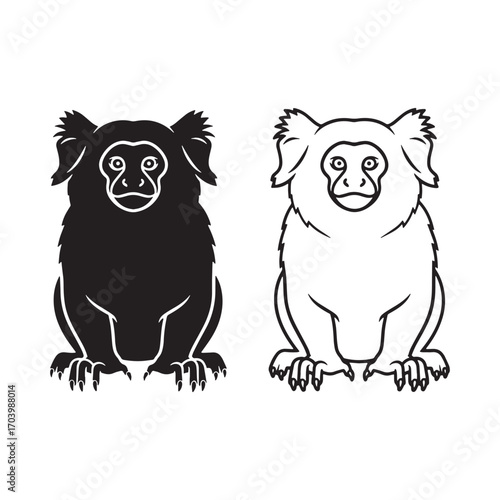 Bold Marmoset Silhouette & Marmoset Lineart – Marmoset Vector Design Featuring Simplified Primate Form – Black Vector of Marmoset – Vector Set of Marmoset