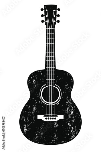 Distressed Black Acoustic Guitar Silhouette Isolated on White Background with Unique Vintage Grunge Texture – An Iconic Musical Instrument Representation for Art, Design, Music, and Creative Projects.