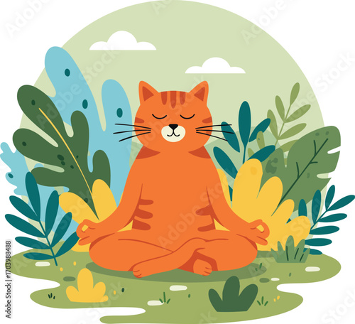 Meditating orange cat sitting in peaceful garden surrounded by green and yellow plants and calm nature scene vector illustration