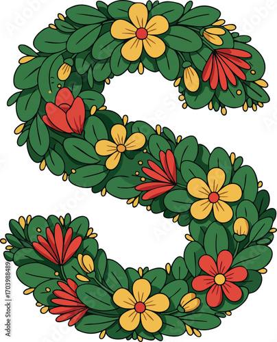Floral wreath letter S with green leaves and red yellow flowers decorative vector illustration for design and decoration