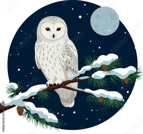 White owl perched on snow covered pine branch under full moon in winter night vector illustration