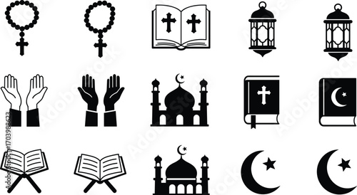 Religious symbols collection featuring Christian and Islamic icons including rosary, Bible, lanterns, prayer hands, mosques, crescent moon, and star illustrations.