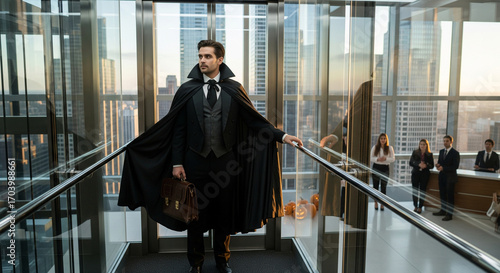Vampire Businessman in Corporate Elevator Holding Briefcase