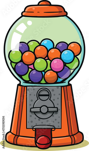 Gumball machine filled with colorful gumballs in orange and gray vintage style vector illustration for fun and playful design
