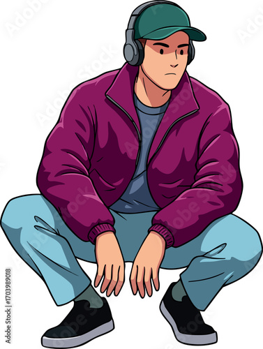 Young man squatting in casual outfit with headphones wearing green cap and purple jacket vector illustration