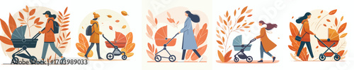 vector mother pushing baby carriage in autumn