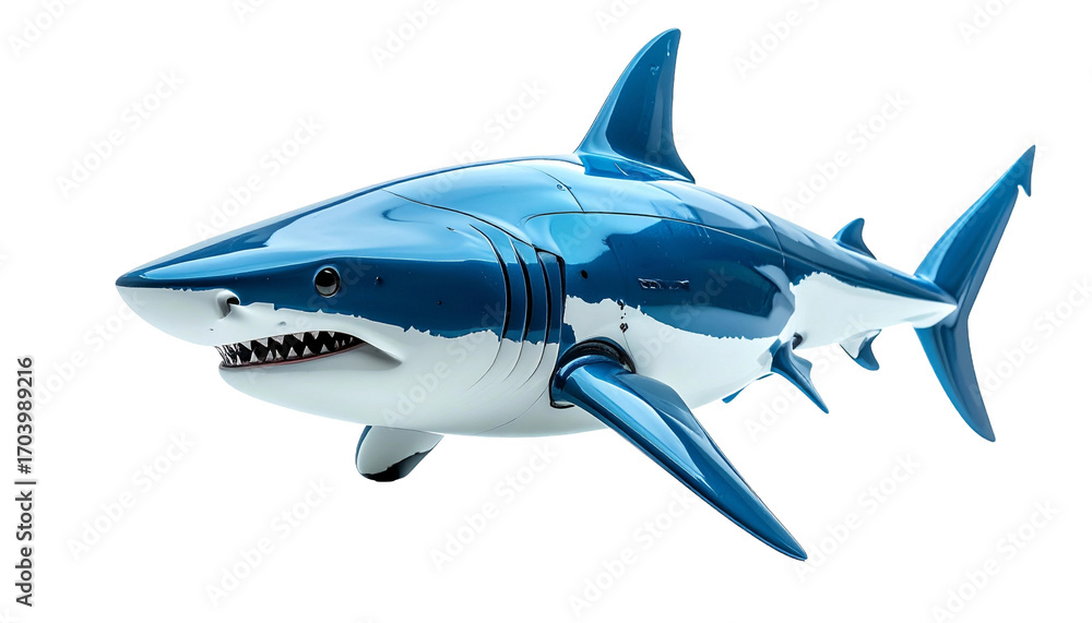 Obraz premium A majestic great white shark showcases its power and grace, captured with striking detail. The shark exhibits impressive features and color