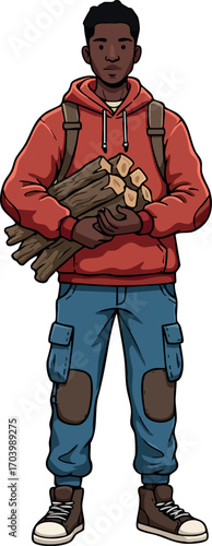 Young man carrying firewood in red hoodie and blue cargo pants full body vector illustration