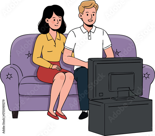 Couple sitting on purple couch watching television at home in casual clothing relaxing indoors lifestyle scene