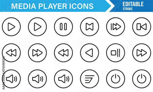 Editable vector icons – media buttons including play, pause, stop, shuffle, repeat, and power set