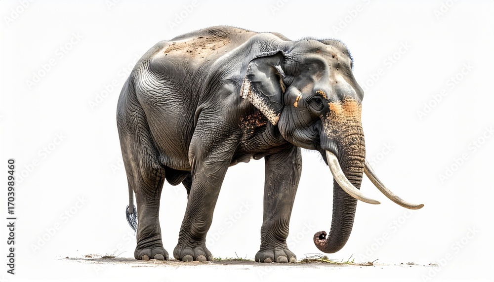 Obraz premium Asian elephant with long trunk curved tusks wrinkled gray skin and massive wild mammal body isolated on white background 