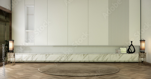 Cabinet wooden japanese design on living room zen style empty wall background.3D rendering