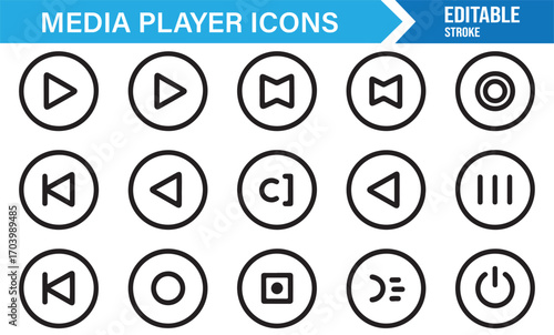 Media player outline icons – vector set of play, pause, stop, volume, and navigation symbols