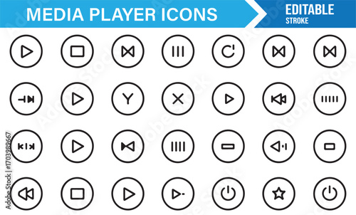 Editable stroke media control icons – audio and video interface symbols collection in line style